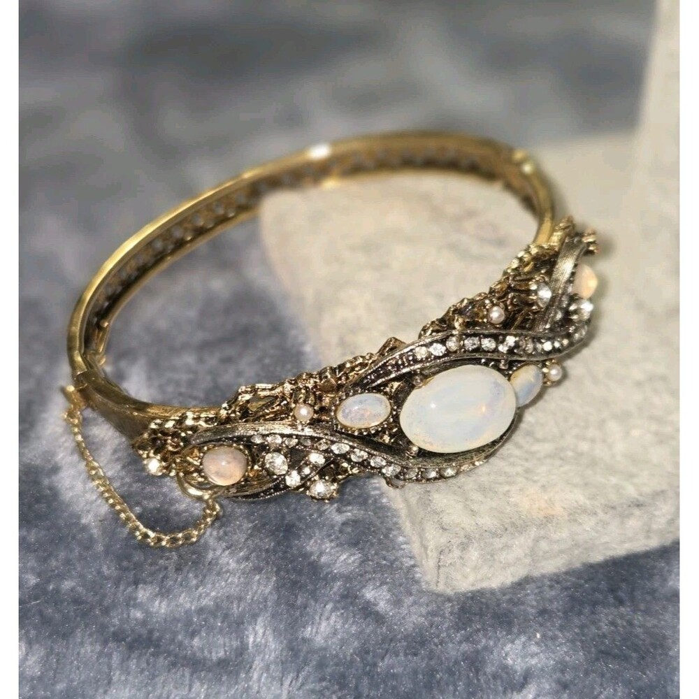Art Signed Vintage Victorian Gold Toned Faux Opal Cabachon Cuff Bracelet